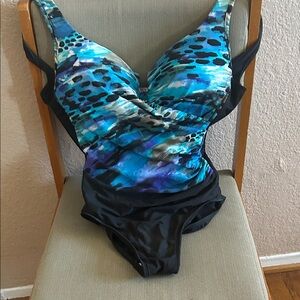 Blue Multi-Print Black Skirted One-Piece Swimsuit